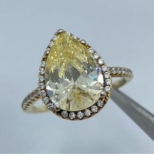 925 Sterling Silver Pear Cut Yellow Tourmaline Halo Ring Gold Vermeil Sz 7